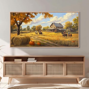 Autumn Ranch Framed Canvas Print Pumpkin Patch Rustic Art Country Home Decor Large Fall Wall Art Farmhouse Style Thanksgiving Decor