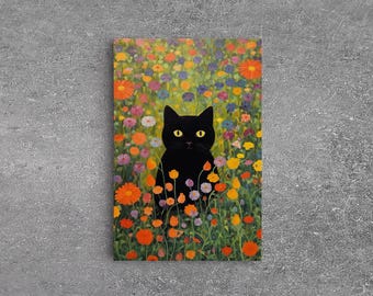 Gustav Klimt Inspired Garden Cat, Funny Black Cat Art, Framed Canvas Print, Fine Art Poster, Cute Cat Art, Funny Gift, Funny Cat Prints