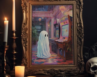 Cute Little Boo, The Phantom Of The Arcade, Vaporwave Style Halloween Decor, Vintage Halloween, Retro Vibes Horror Print, Ghost Art