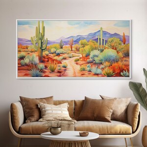 Southwestern Desert Landscape Print, Floral Print, Framed Canvas Art, Vibrant Cactus Desert Art, Mid-Century Modern, Pastel Desert Art