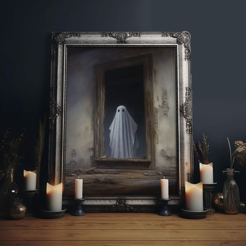 The Ghost In The Mirror, Framed Canvas or Canvas Print, Gothic Victorian Halloween Painting, Cool Halloween Decor, Dark Academia image 1