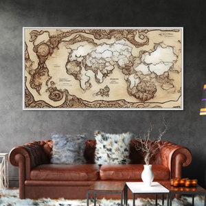 Abstract fantasy world map, canvas print, middle earth style, wall art for nerds like me