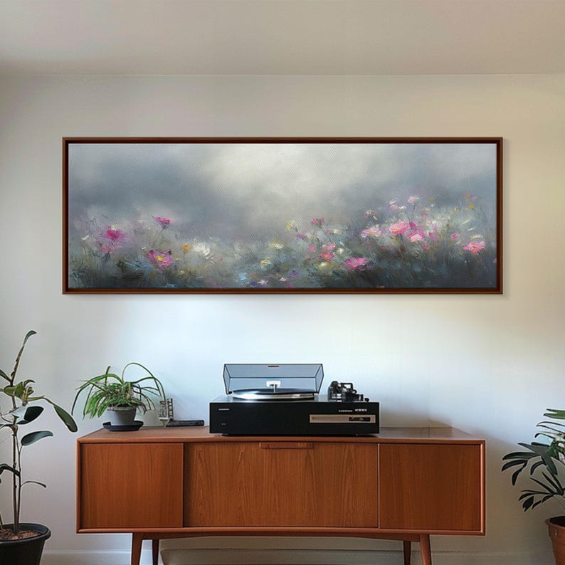 Moody Wild Flowers Under a Cloudy Sky, Panoramic Framed Canvas Print
