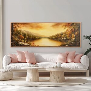 Sunset Over The Lake, Framed Canvas Print, Ultra Wide Wall Art, Panoramic Painting, Above Sofa Or Bed Wall Art, Home Decor, Calm Wall Art