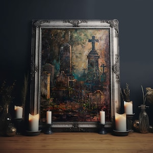 Gloomy Cemetery Halloween Art, Spooky Graveyard, Haunted Cemetery, Creepy Gravestones, Dark Artwork, Framed Canvas Print
