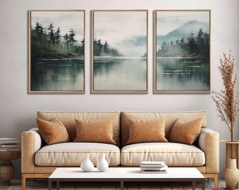 Boho Landscape Triptych Canvas Set - Tropical River Scene Oil Painting Minimalist Decor