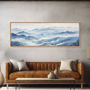 Blue Ridge Mountains, Canvas Wall Art, National Park Poster, Extra Large Horizontal Print, Panoramic Watercolor Minimalist Landscape Art
