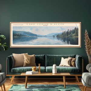 Lake Coeur dAlene Idaho Framed Canvas Print, Lake House Decor, Panoramic Wall Art, Travel Poster, Scenic Lake Painting, Home Art