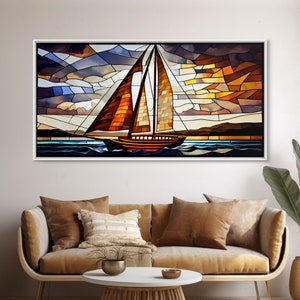 Art Deco Stained Glass Sail Boat Wall Art | Framed Canvas Print | Nautical Art | Seascape Art | Beach House Decor