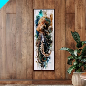 Realistic Watercolor Octopus Canvas Print Coastal Decor Nautical Marine Life Wall Art Rustic Living Room Beach House Artwork