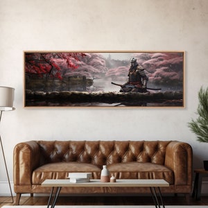 The Samurai, Framed Canvas Print, Panoramic Wall Art, Japanese Warrior Among The Cherry Blossoms, Retro Japanese Watercolor Painting