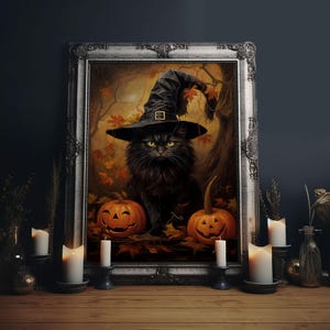 The Witch Cat With Her Jack O Lanterns, Framed Canvas Print, Dark Academia Halloween Art, Victorian Cat Oil Painting, Goth Halloween Decor