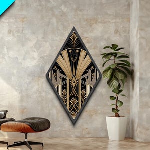Art Deco Panel - Framed Canvas Textured Art Print - Wood Framed Art - Framed Print - Diamond Shaped Retro Wall Art