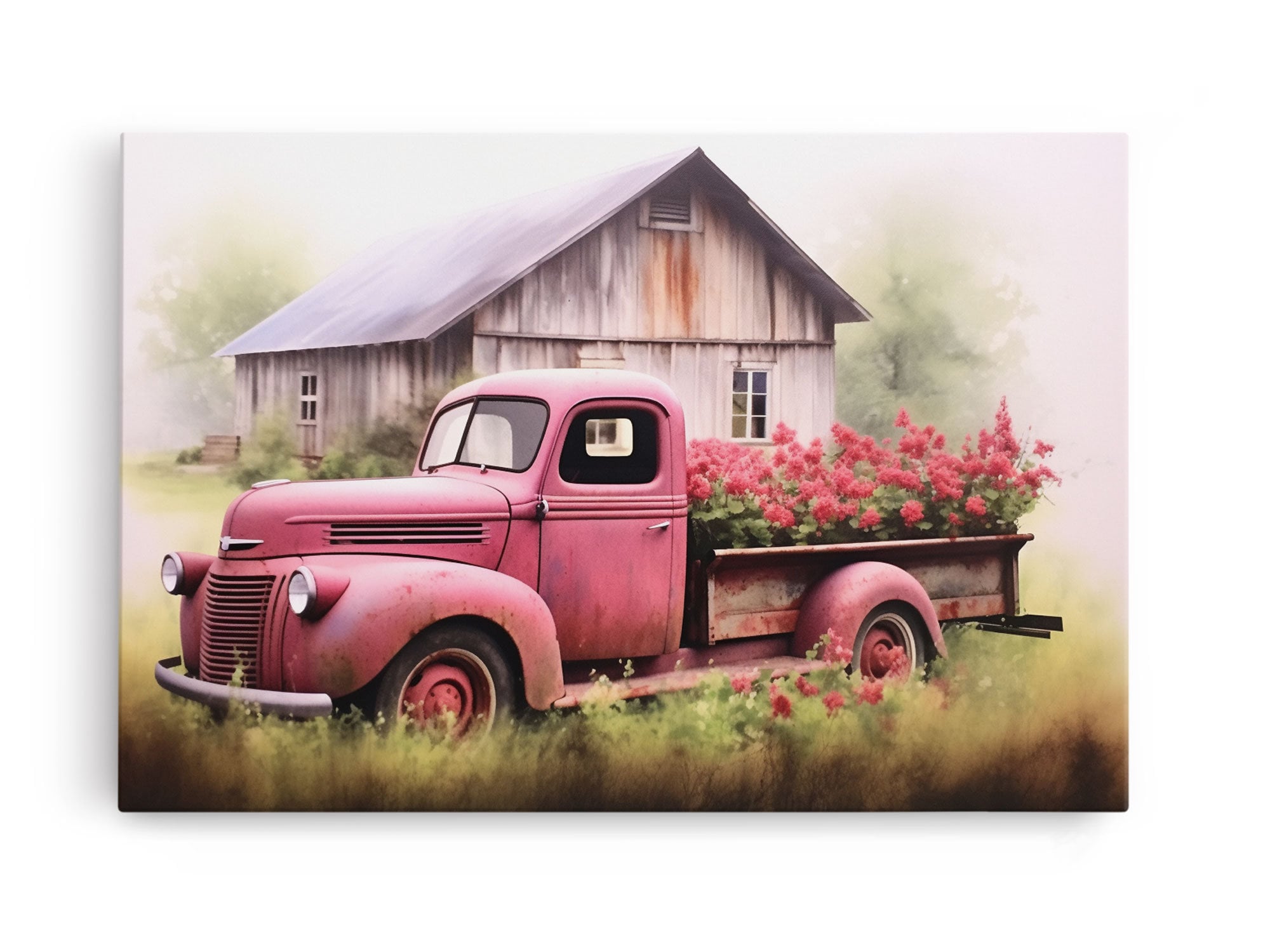 Old Pink Truck Used As a Flower Bed, Framed Canvas Print Or Poster, Rustic Farmhouse Decor, Primitive Art, Country Home Art