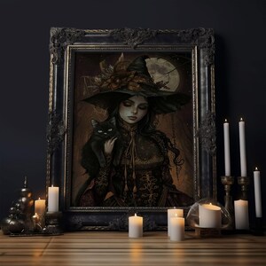 The Witch and The Black Cat Framed Canvas Art, Spooky Victorian Witch Art, Spooky Season, Halloween Props, Halloween Accessories Art
