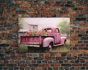 Old Pink Truck Used As a Flower Bed, Framed Canvas Print Or Poster, Rustic Farmhouse Decor, Primitive Art, Country Home Art