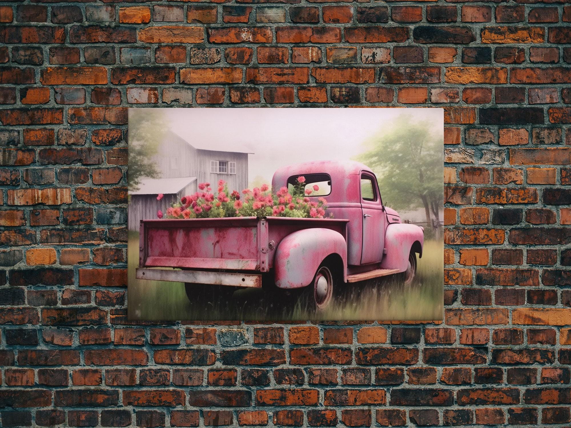 Old Pink Truck Used as a Flower Bed, Framed Canvas Print or Poster