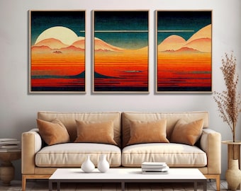 Retro Japanese Style Sunset Art, A Storm Torrent, 3 Piece Wall Art