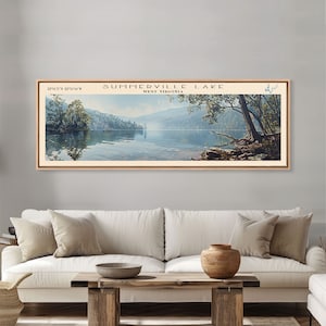 Summerville Lake West Virginia Panoramic Wall Art, Framed Canvas Print, Lake House Decor, Travel Poster, Lake Painting, Living Room Decor