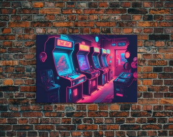 Synthwave Game Room Art, Neon retro 90s arcade room wall art, framed canvas print