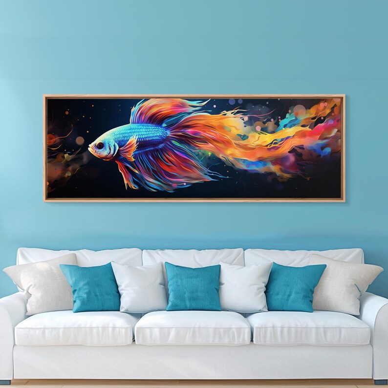 Pintura de pez Betta, arte mural, impresión en lienzo enmarcado, pez luchador siamés, arte mural de acuario, pintura colorida de pez mascota imagen 17