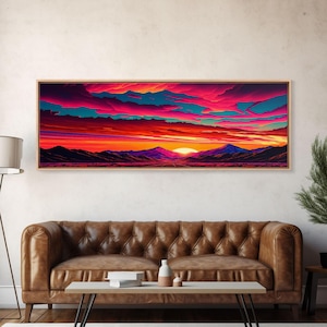Panoramic Framed Canvas Print | Desert Mountain Landscape Synthwave Sunset | Living Room, Bedroom, Dining Room, Office
