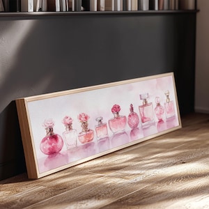 Framed Canvas Print Perfume Bottle Art Pink Abstract Art Feminine Decor Gift Idea Minimalist Living Room Wall Art Horizontal Painting