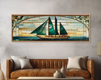 Panoramic Art Deco Sail Boat, Stained Glass, Early 20s Style Art, Roarin' 20s Art, Nautical Theme Framed Canvas Print, Extra Large Art