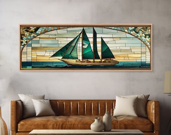 Panoramic Art Deco Sail Boat, Stained Glass, Early 20s Style Art, Roarin&#39; 20s Art, Nautical Theme Framed Canvas Print, Extra Large Art