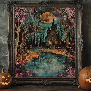 Haunted Castle by the Lake Framed Canvas Print, Halloween Wall Art, Spooky Art, Home Decor, Living Room Decor, Gothic Artwork, Creepy Castle image 7