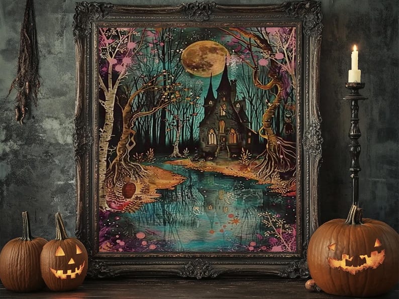 Haunted Castle by the Lake Framed Canvas Print, Halloween Wall Art, Spooky Art, Home Decor, Living Room Decor, Gothic Artwork, Creepy Castle image 7