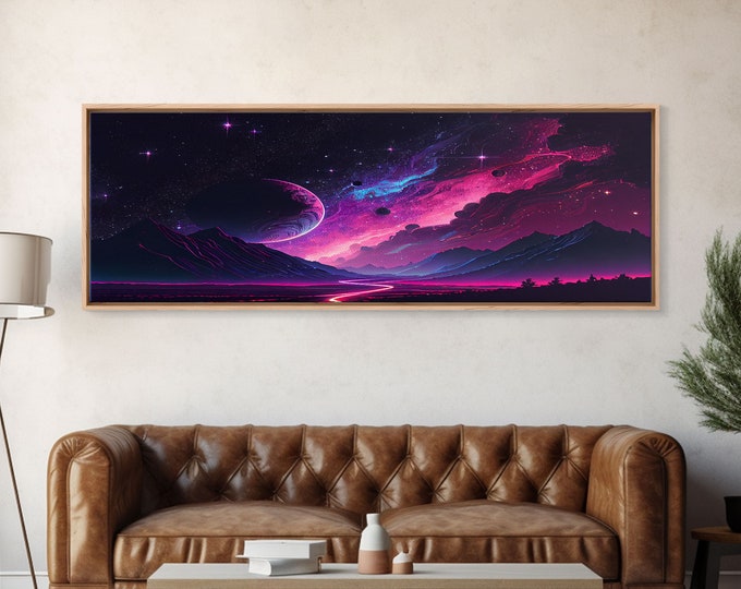 Beautiful Science Fiction Wall Art, Synthwave Style Scifi Art, Framed Canvas Print, Panoramic Alien Worlds and Star Filled Night Sky