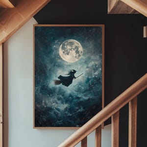 Witchy Decor, Witch Wall Art, Witch Riding a Broom Under a Full Moon, Witch Painting, Framed Canvas Print, Witchy Wall Art, Halloween Decor