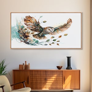 Flying owl with trees, leaves, forest double exposure, nature animal, owl illusion art, wrapped framed canvas print, office wall art