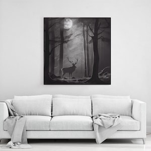 Alce en el bosque con luna llena sobre la cabeza, regalo para un cazador, impresión en lienzo enmarcada, decoración de arte de pared