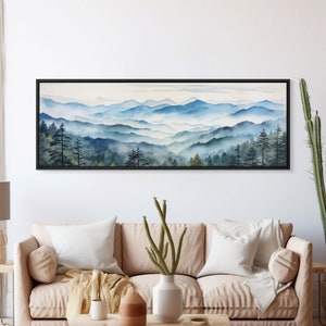 Blue Ridge Mountains National Park Panoramic Watercolor Painting Framed Canvas Print Large Wall Art