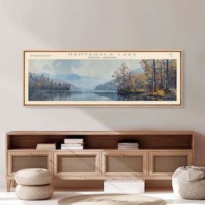 Nantahala Lake North Carolina Framed Canvas Print, Lake House Decor, Panoramic Wall Art, Travel Poster, Landscape Painting, Contemporary Art