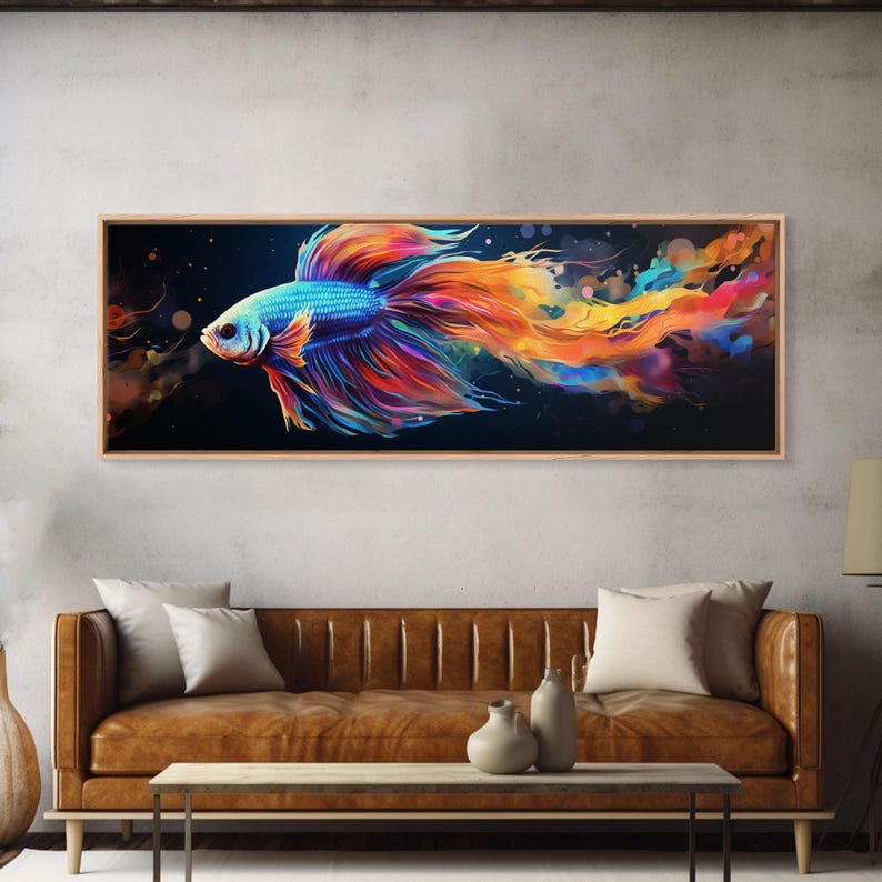 Pintura de pez Betta, arte mural, impresión en lienzo enmarcado, pez luchador siamés, arte mural de acuario, pintura colorida de pez mascota imagen 1