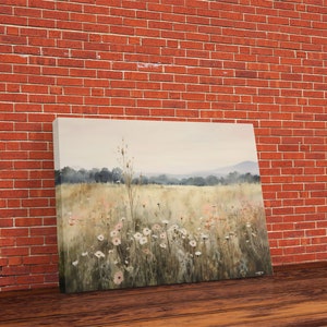 Wildflower Fields Landscape Oil Painting Print Large Wall Art Print, Framed Canvas Nature Wall Decor, Rustic Living Room Country Landscape
