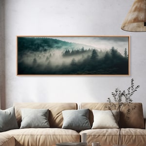 Panoramic watercolor of a misty forest fog, wall art, framed canvas print, farmhouse decor, foggy pine tree forest landscape, cabin art