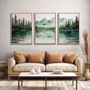 3 Panel Framed Canvas Print Wall Art Set of 3 Emerald Green Mountain ...