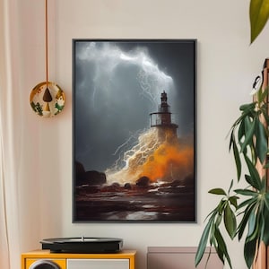 Lighthouse Oil Painting Canvas Print, Light house landscape print, Lighthouse in a storm with lightning and thunder, waves crashing
