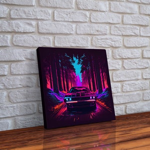 Synthwave Modern Muscle Car Art, Framed Canvas Print, Unique Outrun Style Wall Art, Retro Vibes, Muscle Car In a Forest Road image 4