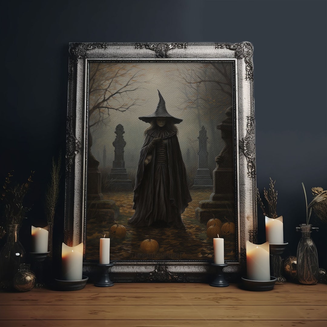 The Witch in the Cemetary, Vintage Halloween Witch Art, Halloween ...