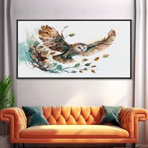 Flying owl with trees, leaves, forest double exposure, nature animal, owl illusion art, wrapped framed canvas print, office wall art