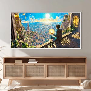 May include: A rectangular wall art print depicting a person sitting on a stone balcony overlooking a sprawling city at sunset. The person holds a glowing orb of light in their hand. The scene features warm golden sunlight, blue skies, and stone architecture.