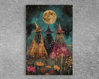 Cottagecore Witches In The Wildflowers, Framed Canvas Print, Cute Witchy Decor, Witches Under A Full Moon In The Springtime