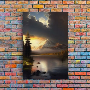 Framed Canvas Wall Art Wood Panel Effect Mountain Range Top Print Modern Art Rustic Decor for Living Room, Original Mountain Painting