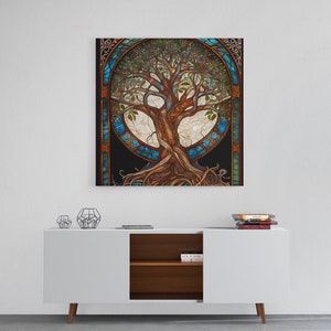 Style de vitrail arbre de vie Yggdrasil sur toile, bel art, impression sur toile encadrée, art mural encadré, décoration murale