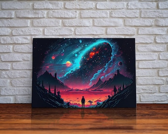 Strange new worlds among  the stars, scifi retrowave art, framed canvas print, unique wall art
